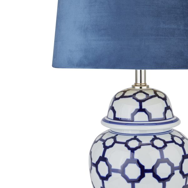 Acanthus Blue And White Ceramic Lamp With Blue Velvet Shade 3