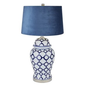 Acanthus Blue And White Ceramic Lamp With Blue Velvet Shade 4