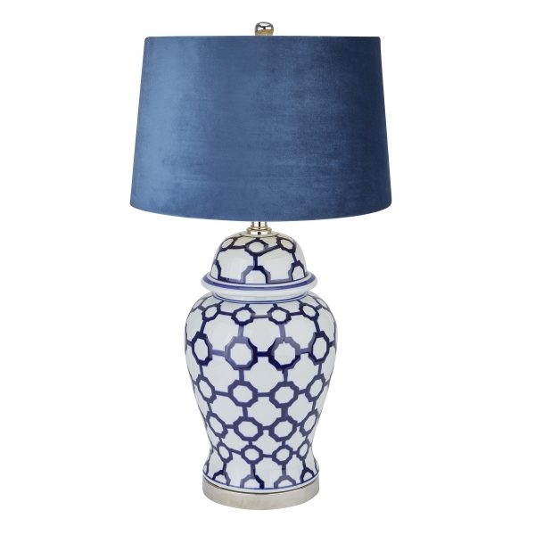 Acanthus Blue And White Ceramic Lamp With Blue Velvet Shade 4