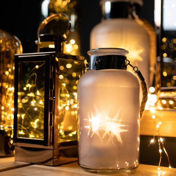 Frosted Glass Lantern With Rope Detail And Interior Led