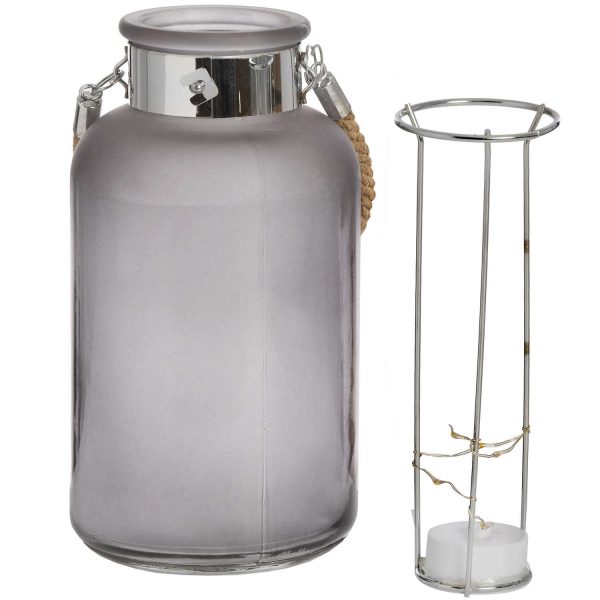 Frosted Grey Glass Lantern With Rope Detail And Led 3