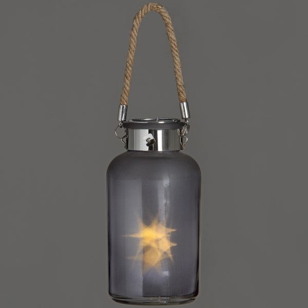Frosted Grey Glass Lantern With Rope Detail And Led 4