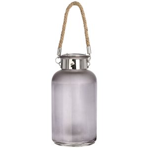 Frosted Grey Glass Lantern With Rope Detail And Led 5