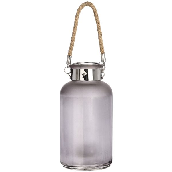 Frosted Grey Glass Lantern With Rope Detail And Led 5