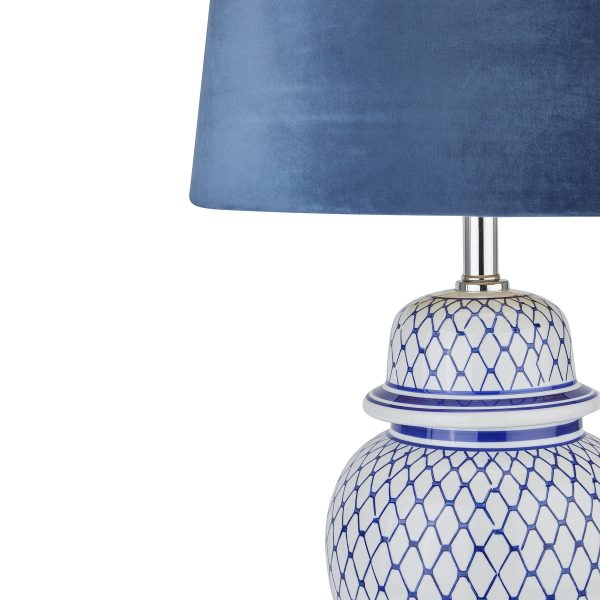 Malabar Blue And White Ceramic Lamp With Blue Velvet Shade 2