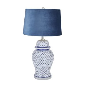Malabar Blue And White Ceramic Lamp With Blue Velvet Shade 3