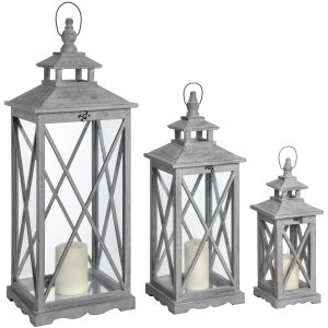 Set Of Three Wooden Lanterns With Traditional Cross Section 3