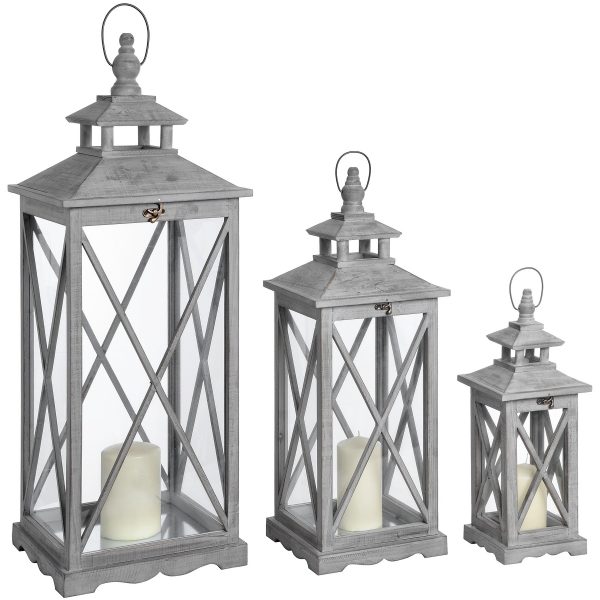 Set Of Three Wooden Lanterns With Traditional Cross Section 3