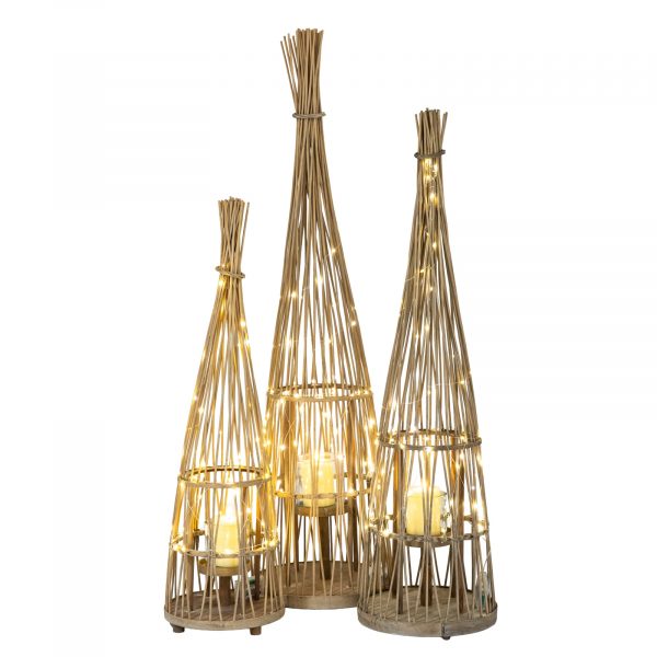 Medium Conical Wicker Lantern With Glass Holder Led Lights 3