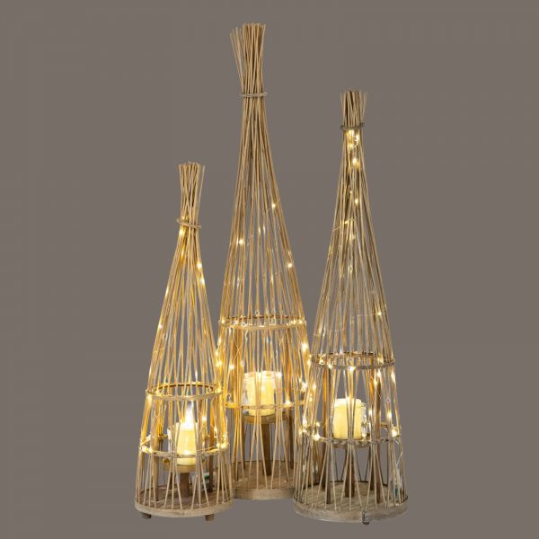 Medium Conical Wicker Lantern With Glass Holder Led Lights