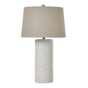 White Beaded Ceramic Lamp With Linen Shade 4