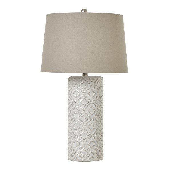 White Beaded Ceramic Lamp With Linen Shade 4